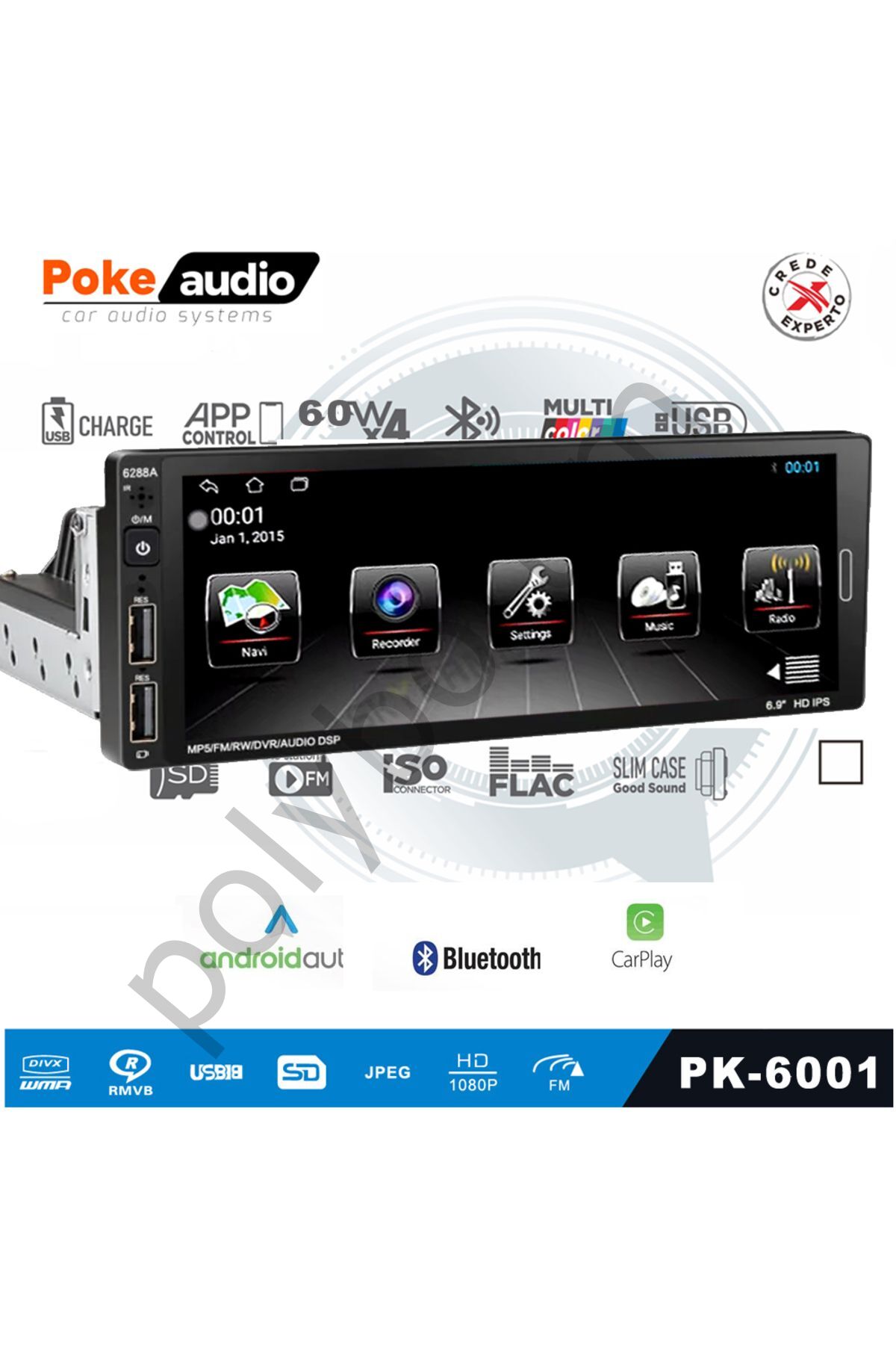 Tek Din Teyp Android 6.9 İnch 2-32 GPS 4x60 Watt 2xusb Şarjlı APP Poke Pk-6001  Tek Ebat