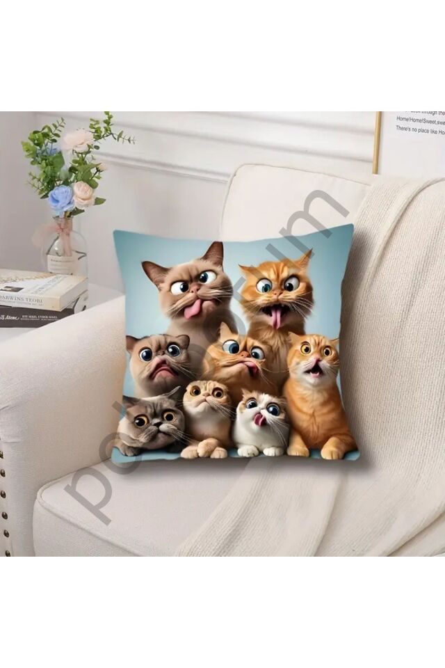 Funny Expression Cats Yastık Kılıfı - 44,96 cm x 44,96 cm - Temalı Ev Dekoru - Fransız Stili renkli  44 x 44