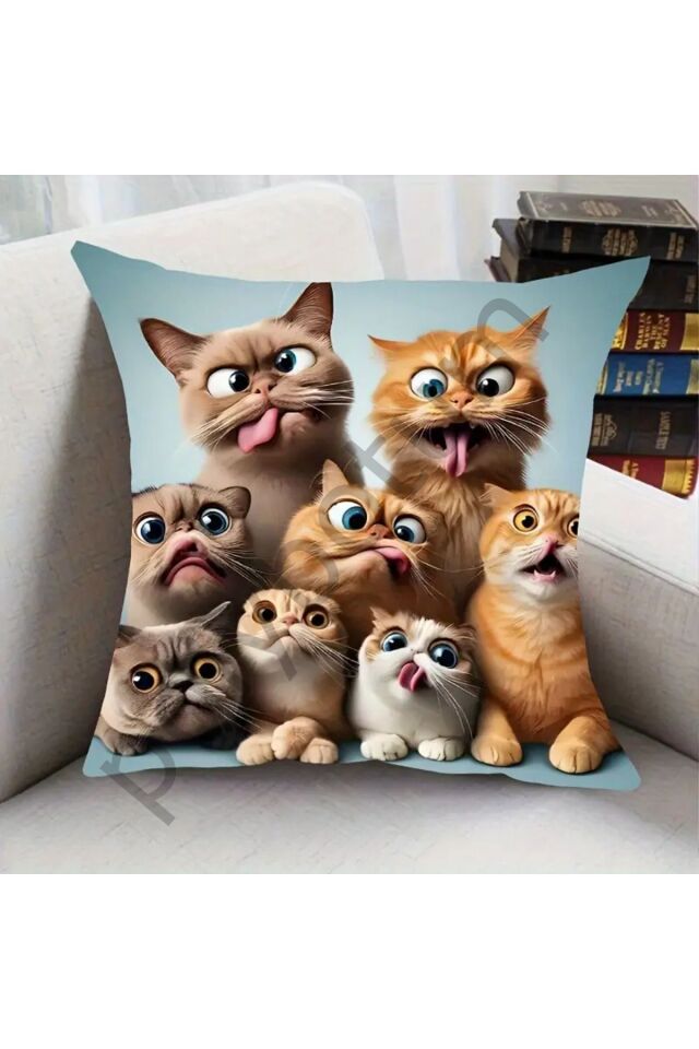 Funny Expression Cats Yastık Kılıfı - 44,96 cm x 44,96 cm - Temalı Ev Dekoru - Fransız Stili renkli  44 x 44