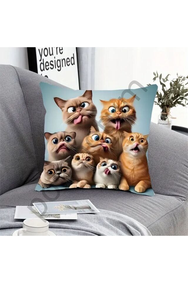Funny Expression Cats Yastık Kılıfı - 44,96 cm x 44,96 cm - Temalı Ev Dekoru - Fransız Stili renkli  44 x 44