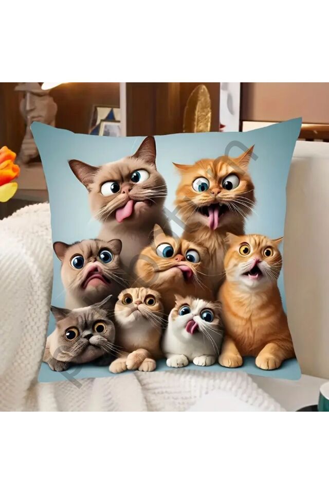 Funny Expression Cats Yastık Kılıfı - 44,96 cm x 44,96 cm - Temalı Ev Dekoru - Fransız Stili renkli  44 x 44