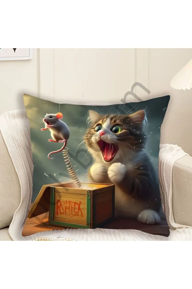 1 adet Fantastik Kedi & Fare Peluş Yastık Kılıfı 44.96cm x 44.96cm - Fransız Tarzı renkli  44 x 44