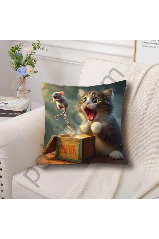 1 adet Fantastik Kedi & Fare Peluş Yastık Kılıfı 44.96cm x 44.96cm - Fransız Tarzı renkli  44 x 44