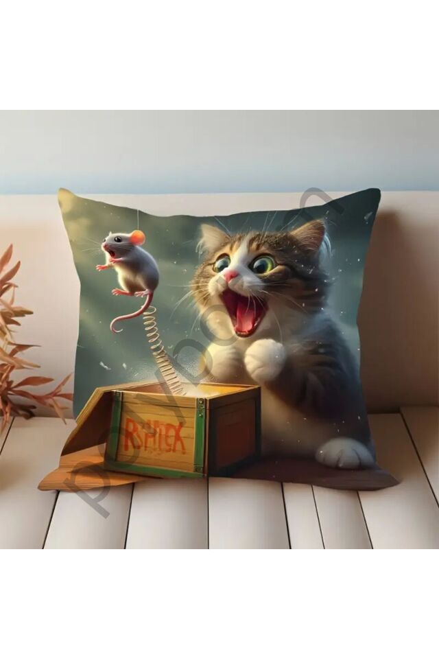 1 adet Fantastik Kedi & Fare Peluş Yastık Kılıfı 44.96cm x 44.96cm - Fransız Tarzı renkli  44 x 44