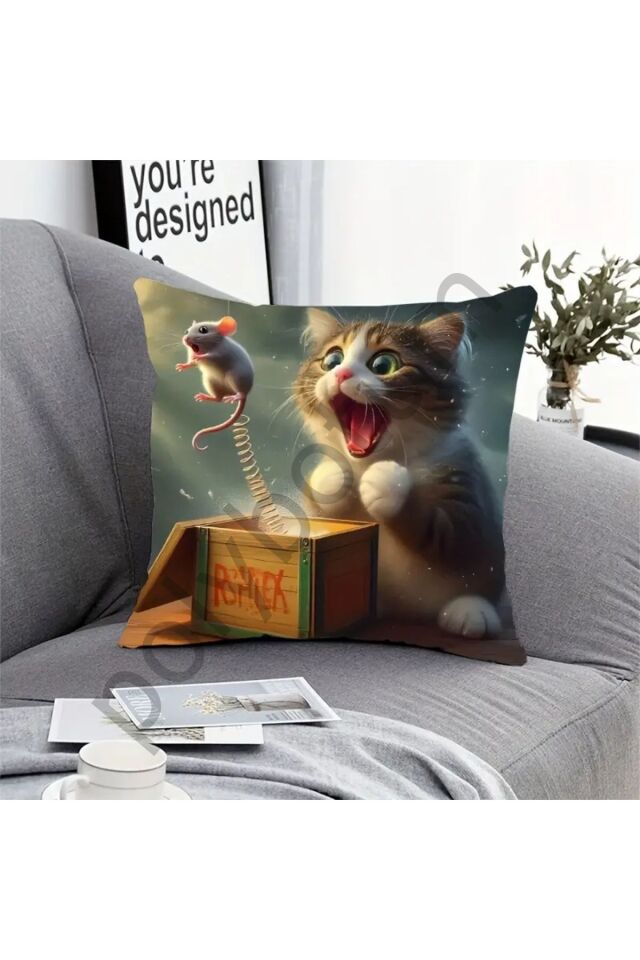 1 adet Fantastik Kedi & Fare Peluş Yastık Kılıfı 44.96cm x 44.96cm - Fransız Tarzı renkli  44 x 44
