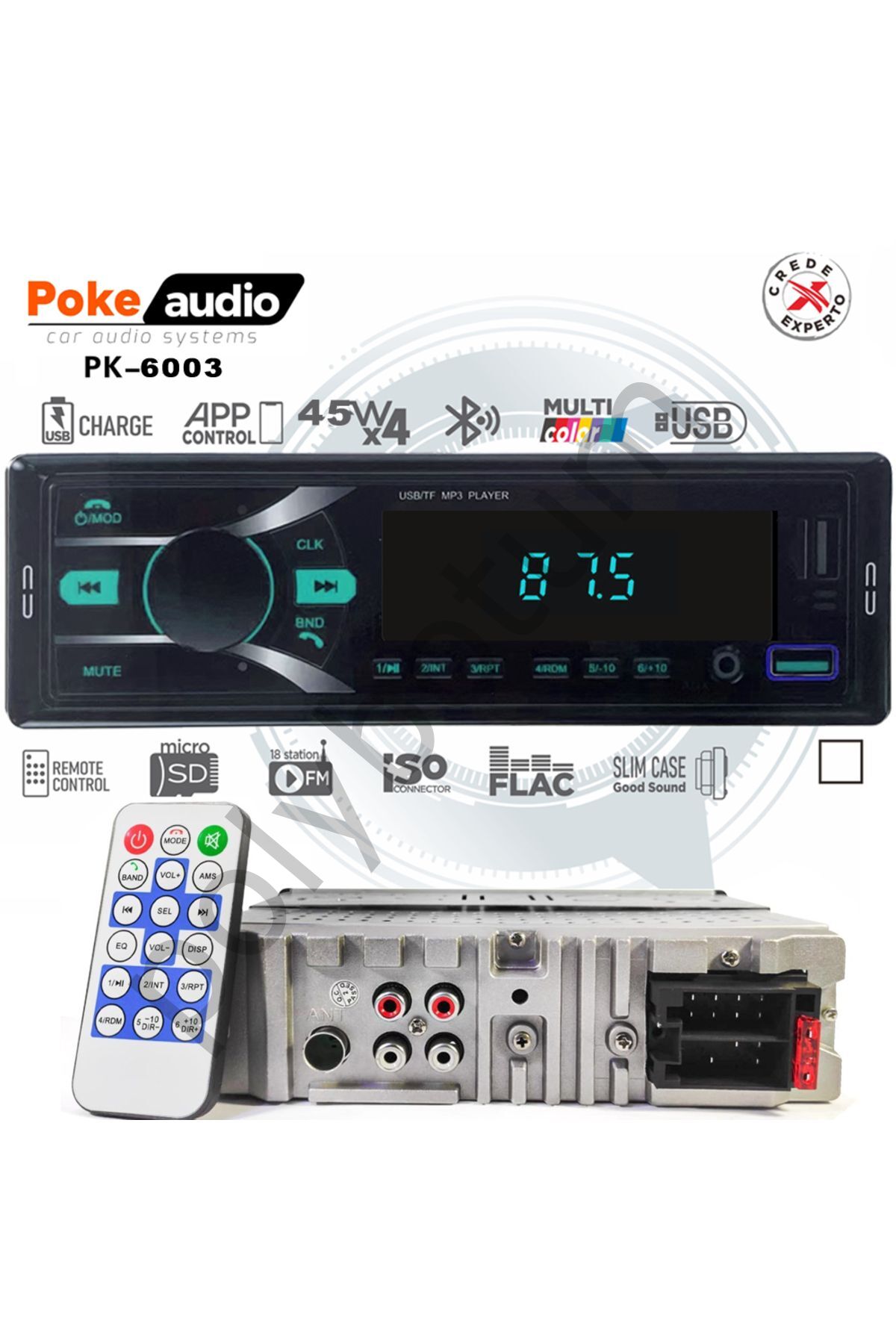 Oto Teyp 4x45 Watt Bluetooth 2xUSB Şarjlı Fm APP Poke PK-6003  Tek Ebat