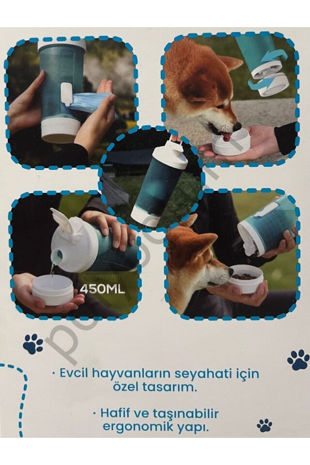 Kedi Köpek Taşınabilir Mama Su Kabı Ve Atık Poşeti Mavi Tek Ebat