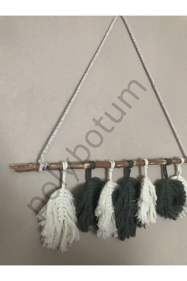 7 Yapraklı Makrome Dekoratif Duvar Süsü Bej ve Yeşil  55 x 20