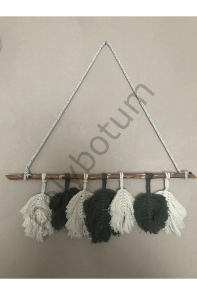 7 Yapraklı Makrome Dekoratif Duvar Süsü Bej ve Yeşil  55 x 20
