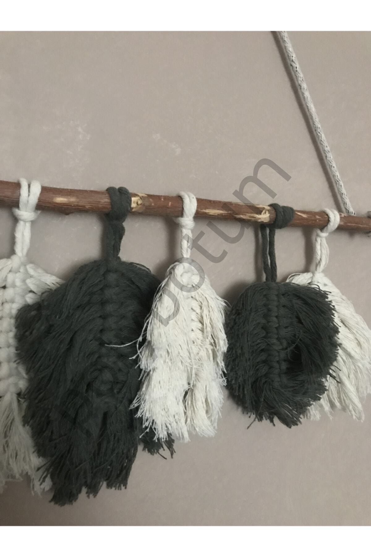 7 Yapraklı Makrome Dekoratif Duvar Süsü Bej ve Yeşil  55 x 20