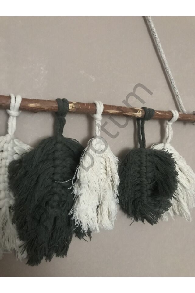 7 Yapraklı Makrome Dekoratif Duvar Süsü Bej ve Yeşil  55 x 20