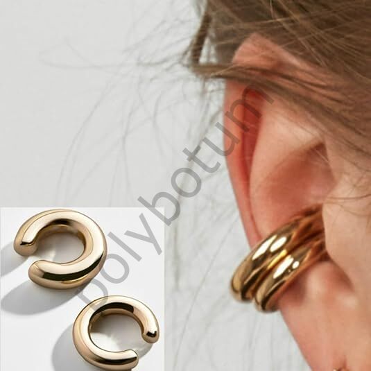 Kadınlar İçin Gold Renkli Kalın Ear Cuff Küpe – Deliksiz, Klipsli, Yuvarlak Sarma Küpe